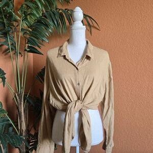 Candace Cameron Bure CCB Button Down Top Shirt Safari Neutral XL Linen Viscose
